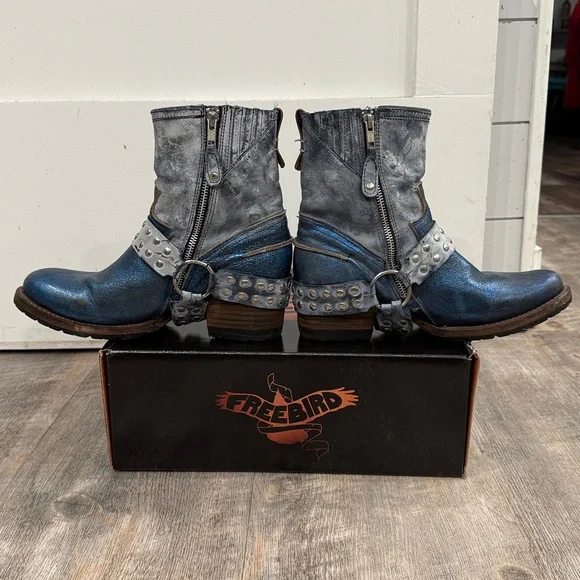 Freebird Metallic Blue Ramone Motorcycle Studded Harness Moto Boots 8 - Picture 7 of 11